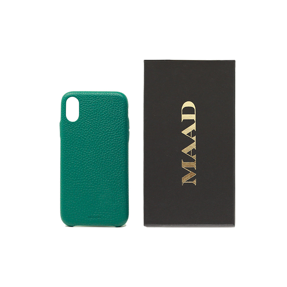 Moss green pebble leather case for iPhone X/XS, showcasing a minimalist design and personalized monogram options.