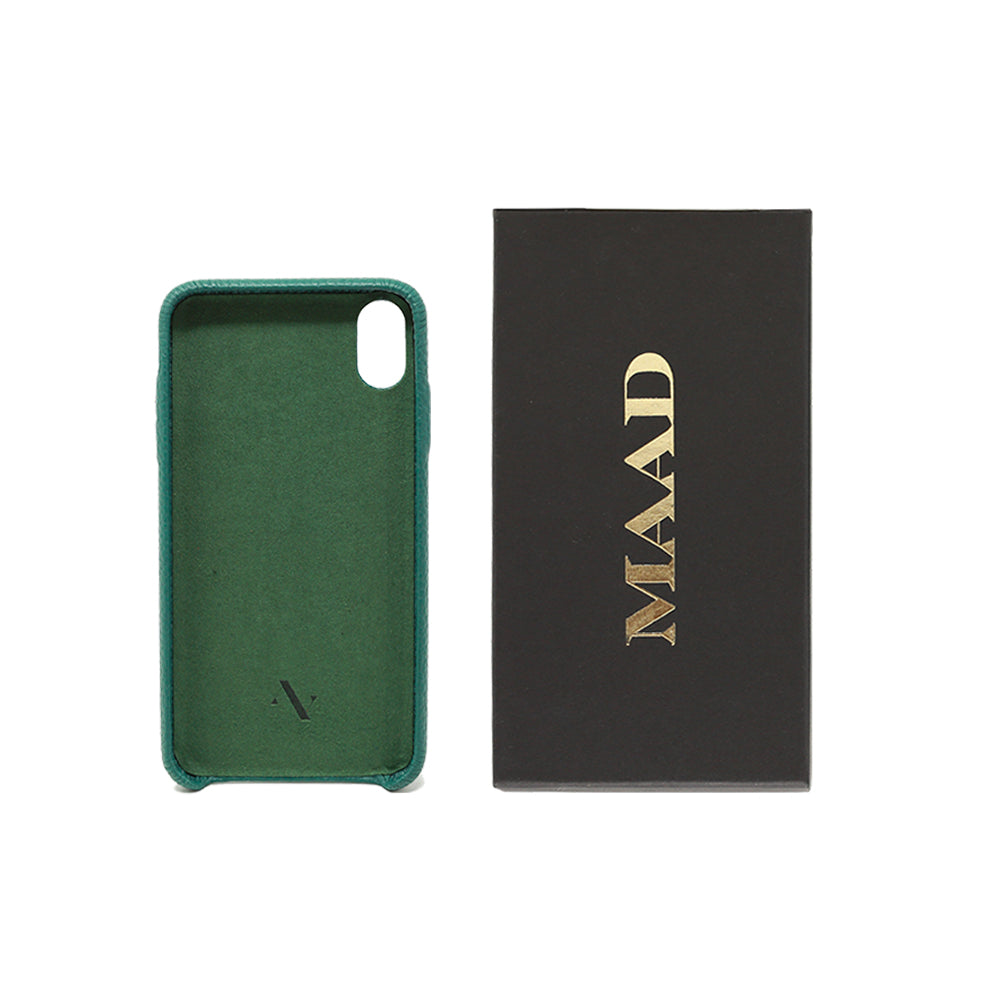 Moss green pebble leather case for iPhone XS MAX, showcasing a minimalist design and personalized monogram options.