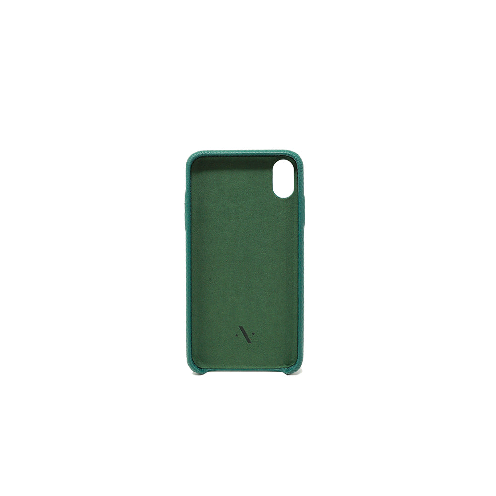 Moss green pebble leather case for iPhone XS MAX, showcasing a minimalist design and personalized monogram options.