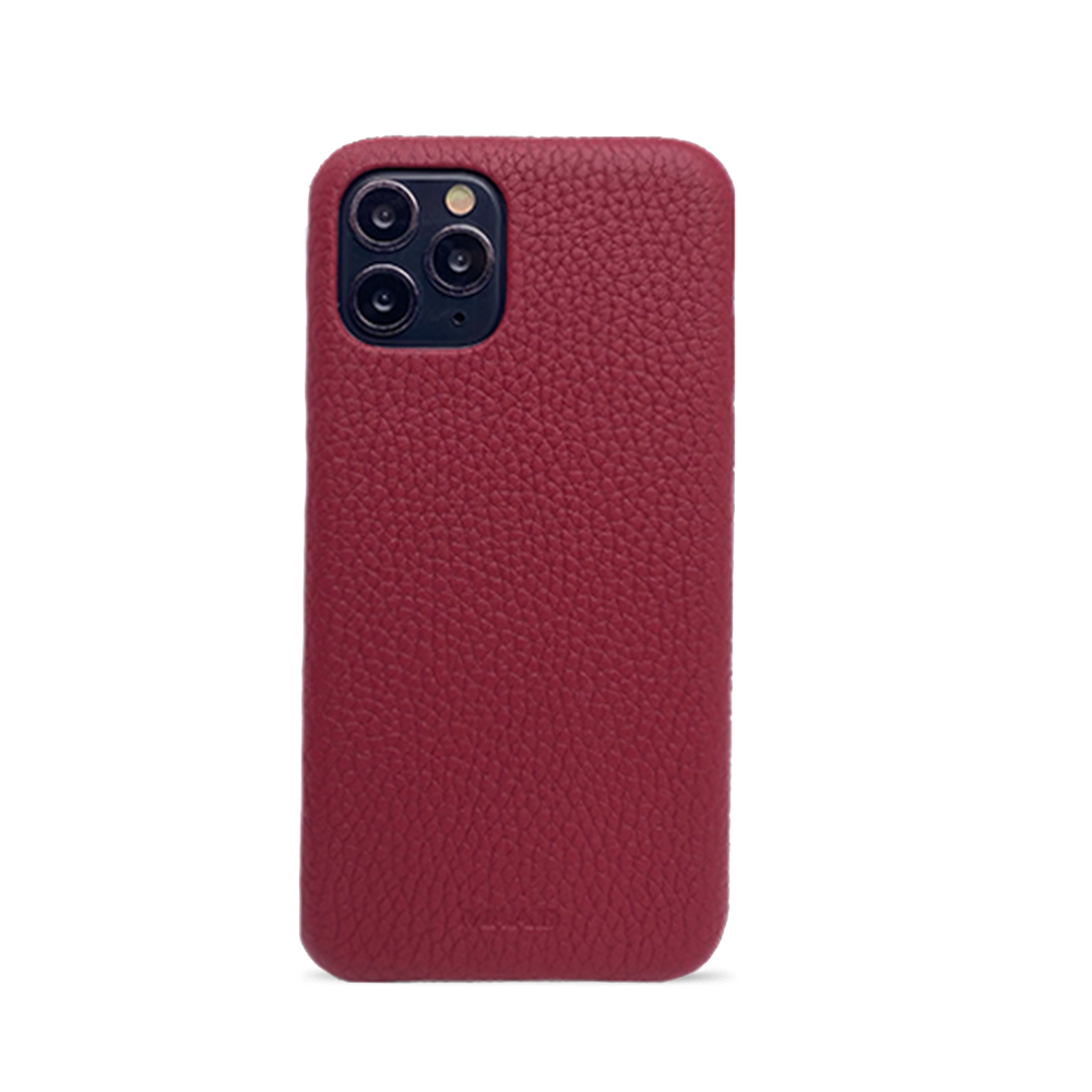 Stylish red pebble leather case for iPhone 11 Pro, featuring a minimalist design and personalization options.