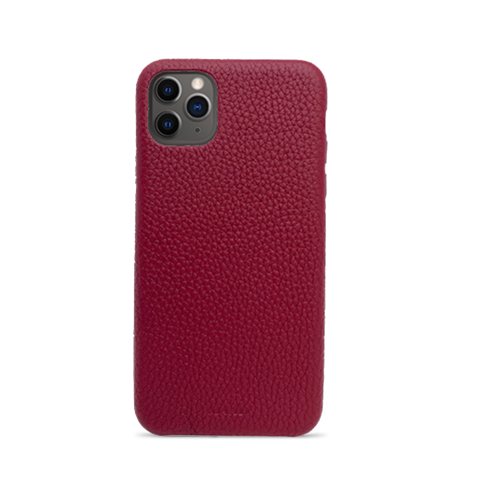 A stylish red pebble leather case for iPhone 11 Pro Max, showcasing its slim design and luxurious texture.