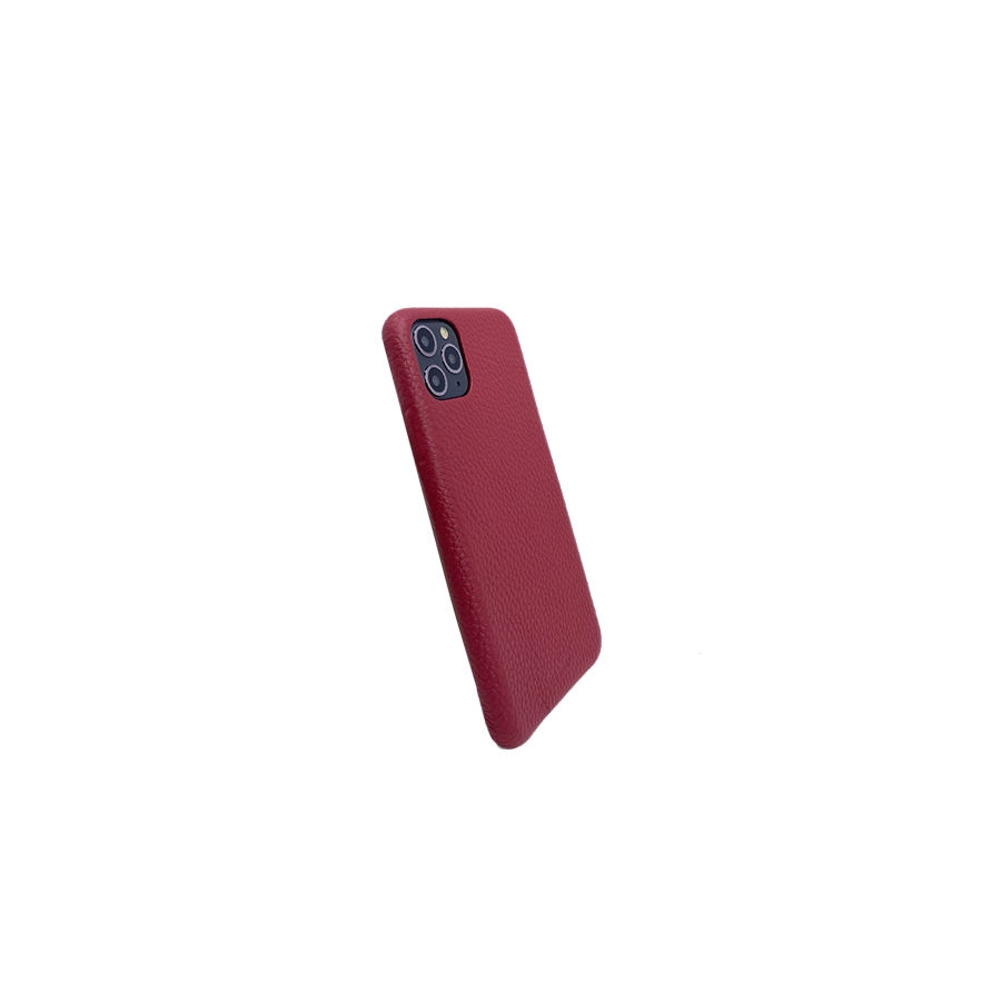 A stylish red pebble leather case for iPhone 11 Pro Max, showcasing its slim design and luxurious texture.