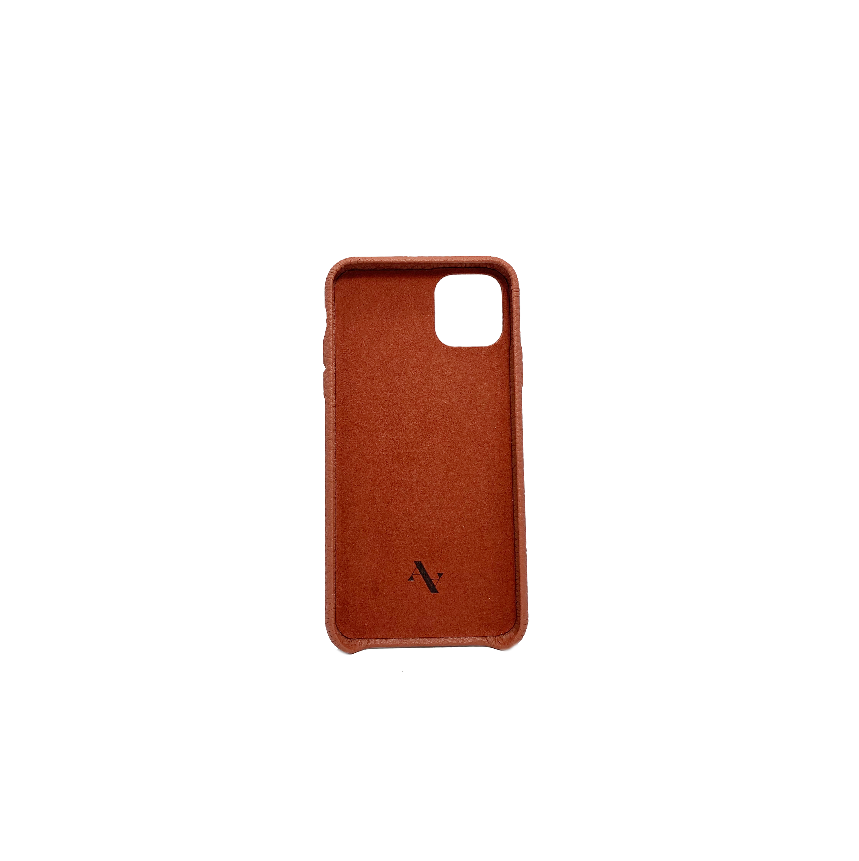 Terracotta iPhone 11 Pro Max case made from genuine pebble leather, featuring a minimalist design and earthy tones.