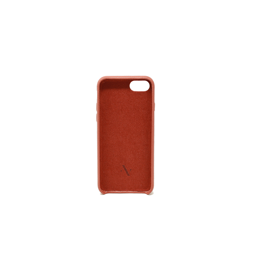 Terracotta pebble leather case for iPhone 7/8/SE, showcasing a minimalist design and personalization options.