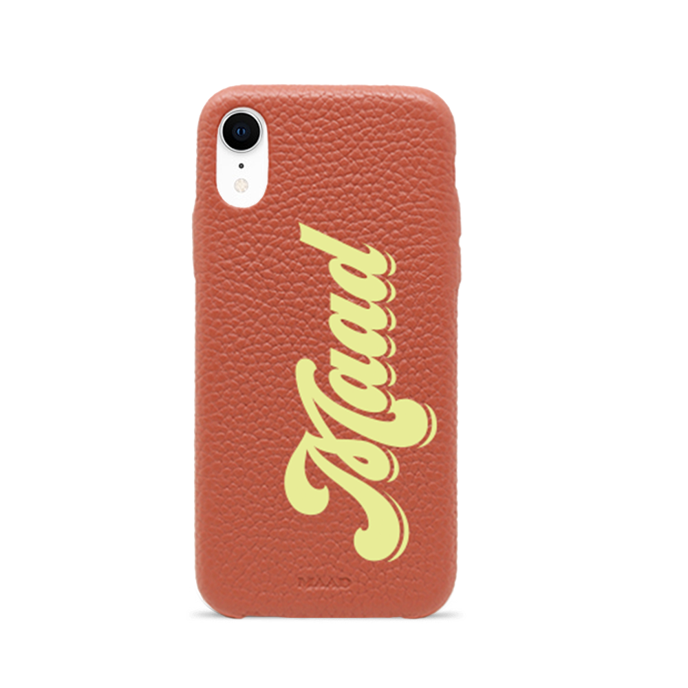 Stylish terracotta iPhone XR case made from genuine pebble leather, featuring a slim design and personalization options.