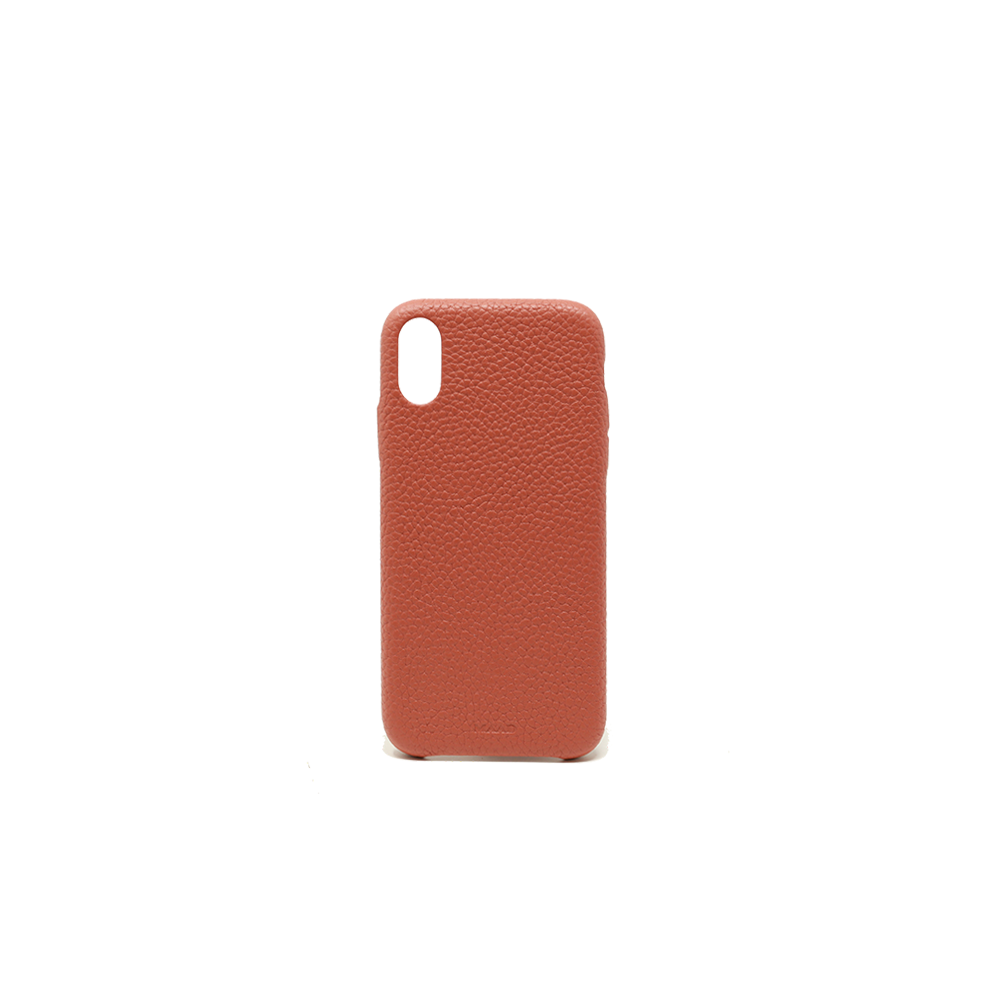 Stylish terracotta iPhone XR case made from genuine pebble leather, featuring a slim design and personalization options.