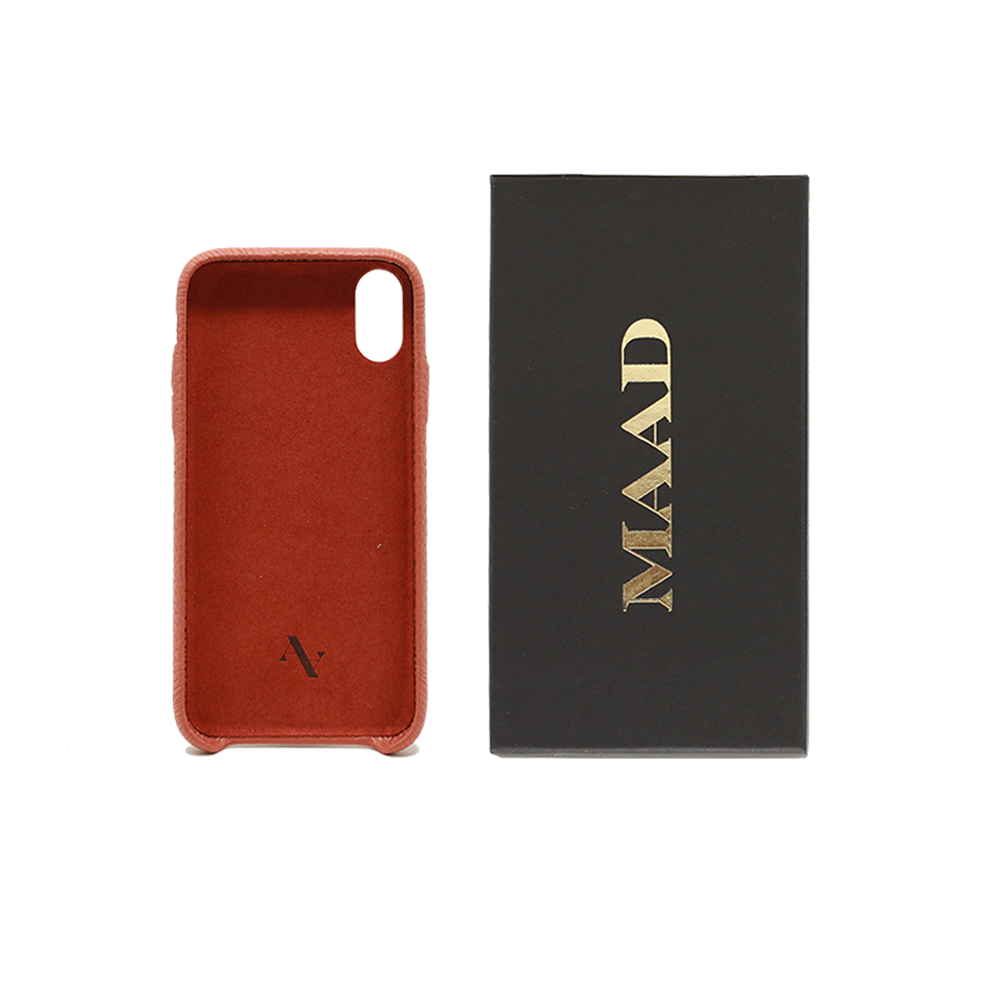 Stylish terracotta iPhone XR case made from genuine pebble leather, featuring a slim design and personalization options.