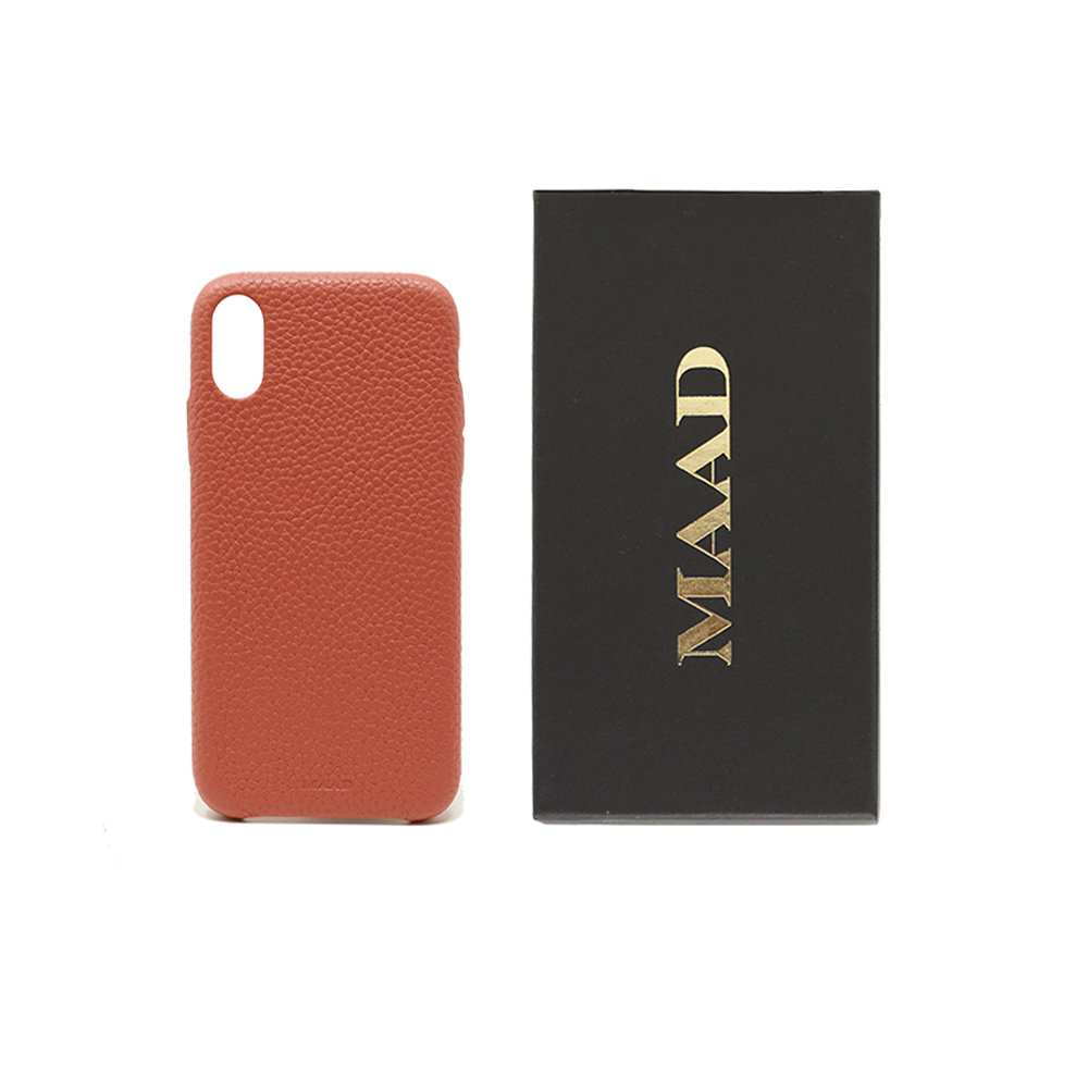 Stylish terracotta iPhone XR case made from genuine pebble leather, featuring a slim design and personalization options.