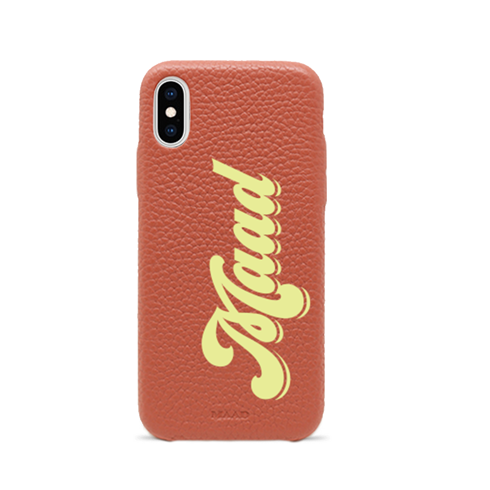 Terracotta pebble leather case for iPhone XS Max, featuring a minimalist design and personalization options.