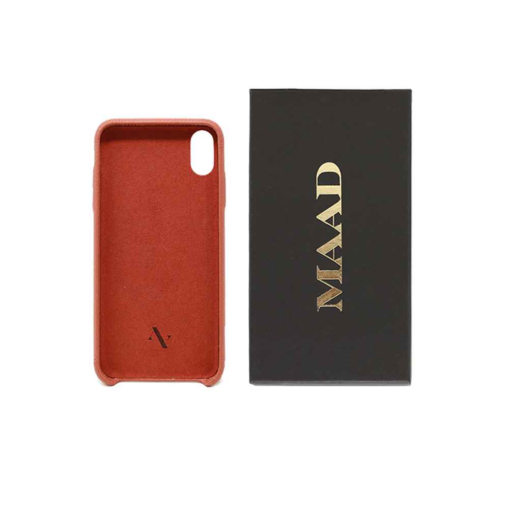 Terracotta pebble leather case for iPhone XS Max, featuring a minimalist design and personalization options.