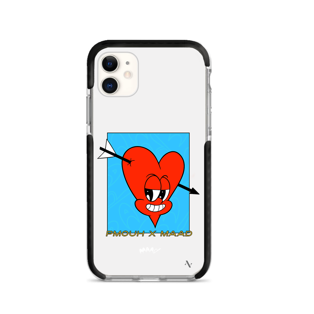 PMouh x MAAD iPhone 11 Clear Case featuring colorful anthropomorphic characters in a slim design.