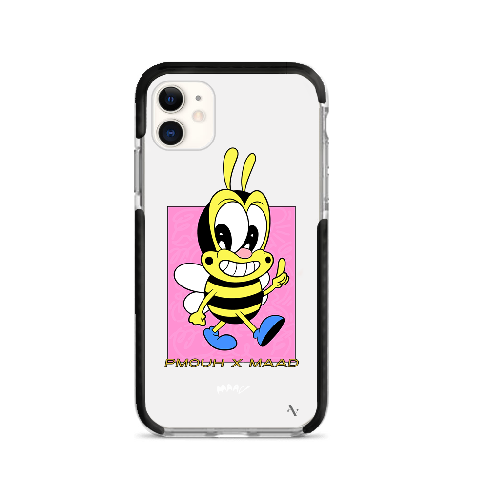 PMouh x MAAD iPhone 11 Clear Case featuring colorful anthropomorphic characters in a slim design.