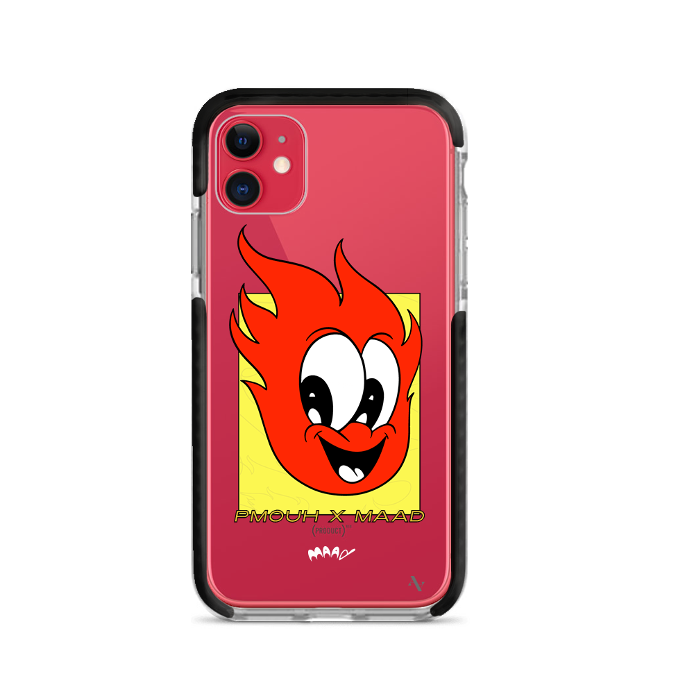 PMouh x MAAD iPhone 11 Clear Case featuring colorful anthropomorphic characters in a slim design.