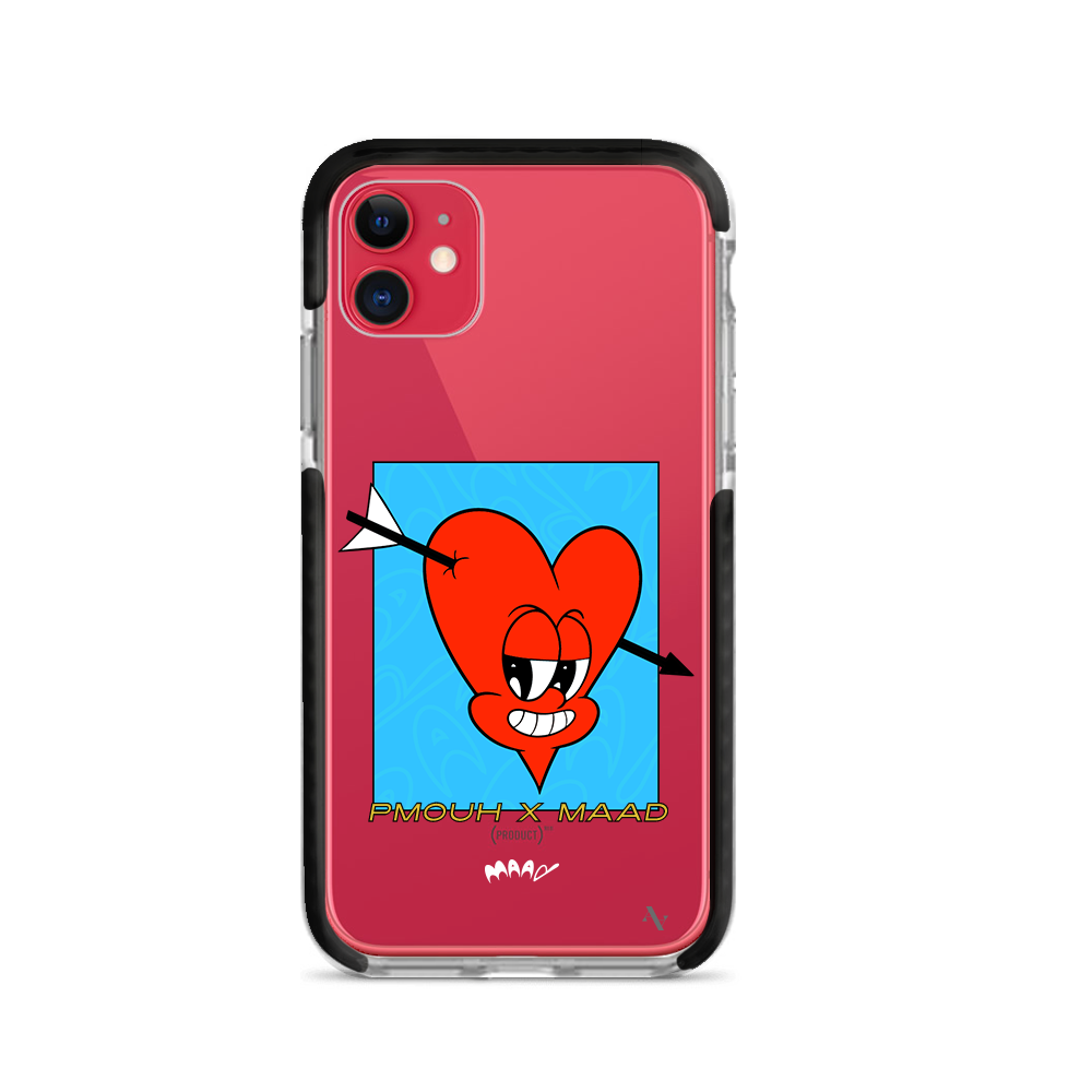 PMouh x MAAD iPhone 11 Clear Case featuring colorful anthropomorphic characters in a slim design.