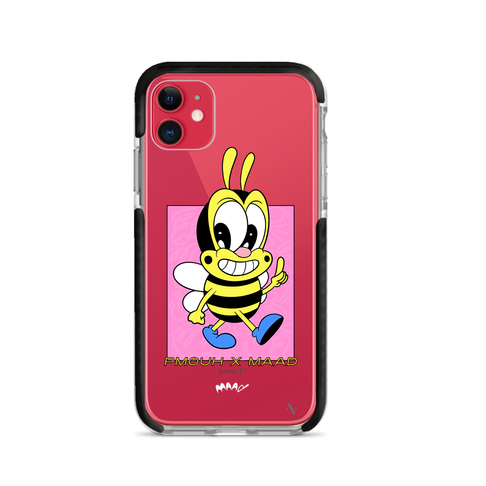 PMouh x MAAD iPhone 11 Clear Case featuring colorful anthropomorphic characters in a slim design.