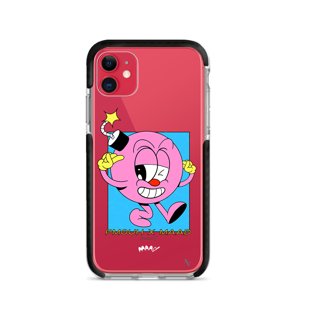 PMouh x MAAD iPhone 11 Clear Case featuring colorful anthropomorphic characters in a slim design.