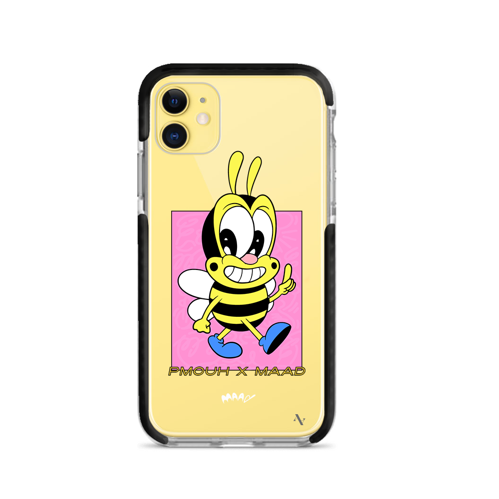 PMouh x MAAD iPhone 11 Clear Case featuring colorful anthropomorphic characters in a slim design.