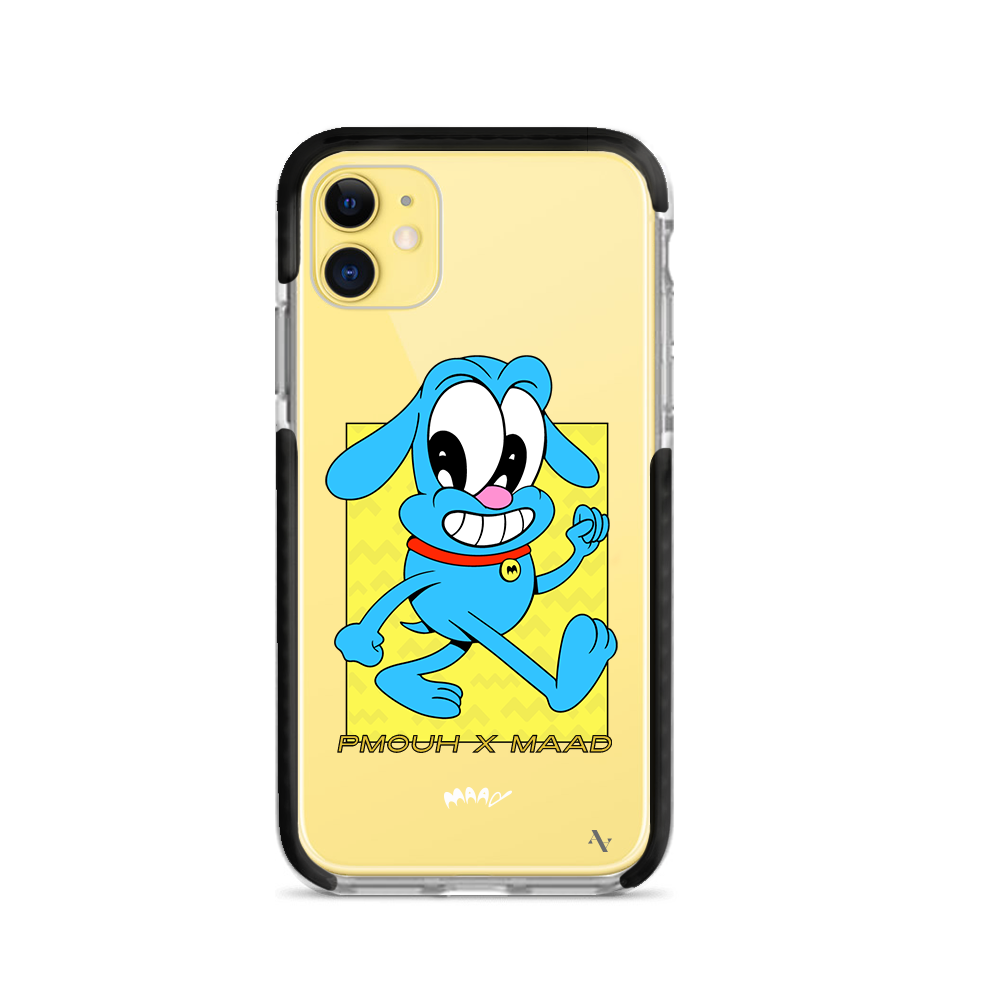 PMouh x MAAD iPhone 11 Clear Case featuring colorful anthropomorphic characters in a slim design.