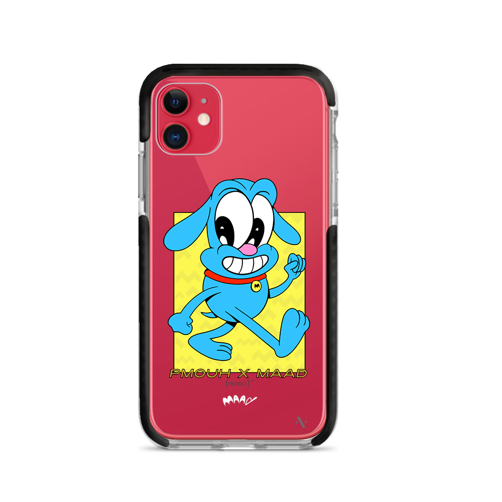 PMouh x MAAD iPhone 11 Clear Case featuring colorful anthropomorphic characters in a slim design.