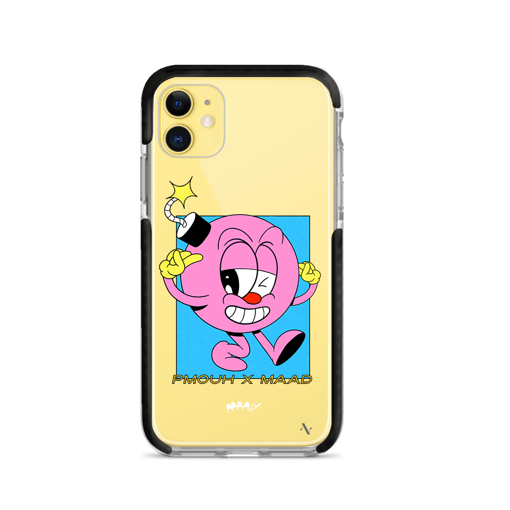 PMouh x MAAD iPhone 11 Clear Case featuring colorful anthropomorphic characters in a slim design.