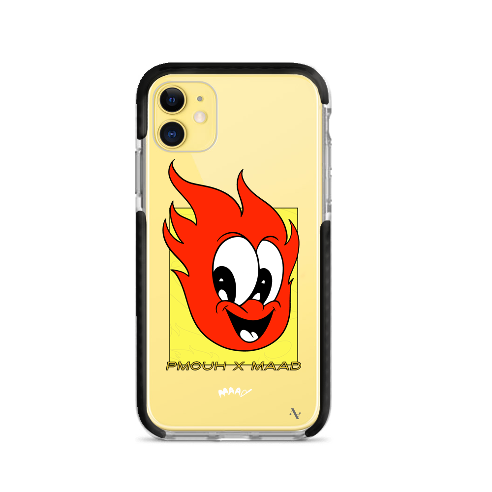 PMouh x MAAD iPhone 11 Clear Case featuring colorful anthropomorphic characters in a slim design.