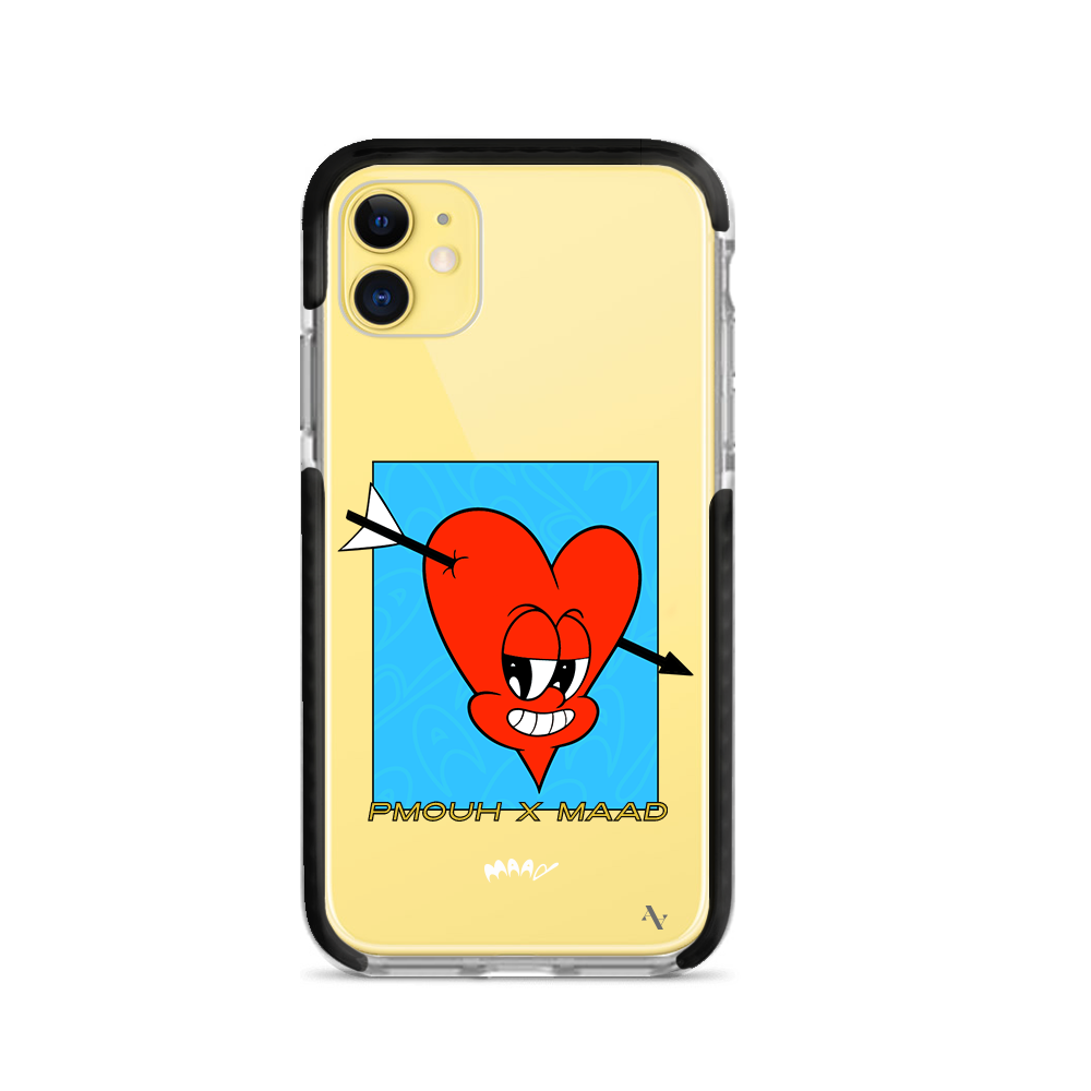 PMouh x MAAD iPhone 11 Clear Case featuring colorful anthropomorphic characters in a slim design.