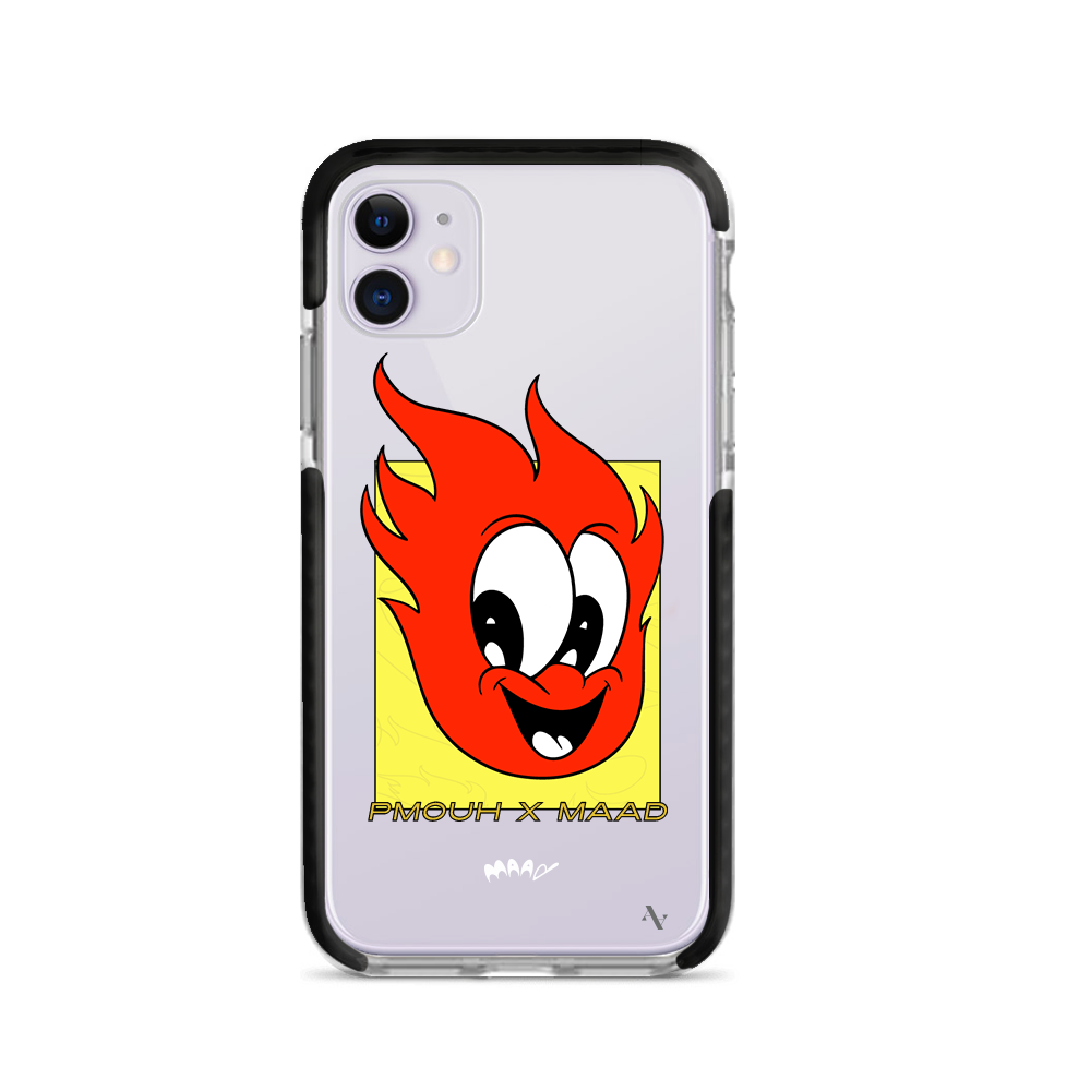 PMouh x MAAD iPhone 11 Clear Case featuring colorful anthropomorphic characters in a slim design.