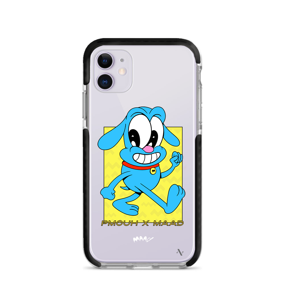 PMouh x MAAD iPhone 11 Clear Case featuring colorful anthropomorphic characters in a slim design.