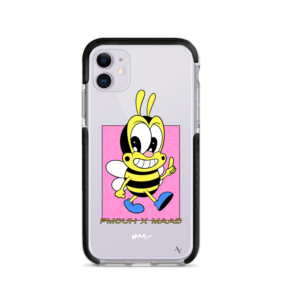 PMouh x MAAD iPhone 11 Clear Case featuring colorful anthropomorphic characters in a slim design.