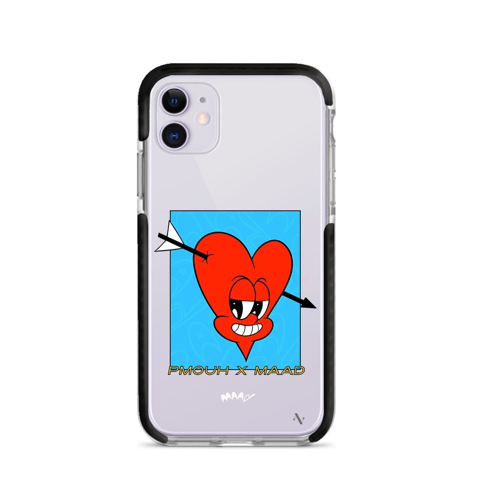 PMouh x MAAD iPhone 11 Clear Case featuring colorful anthropomorphic characters in a slim design.