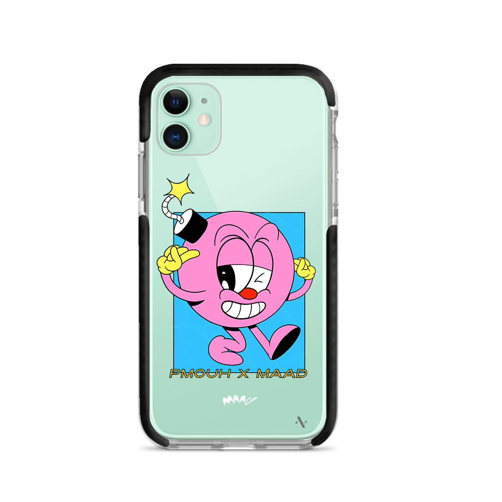 PMouh x MAAD iPhone 11 Clear Case featuring colorful anthropomorphic characters in a slim design.