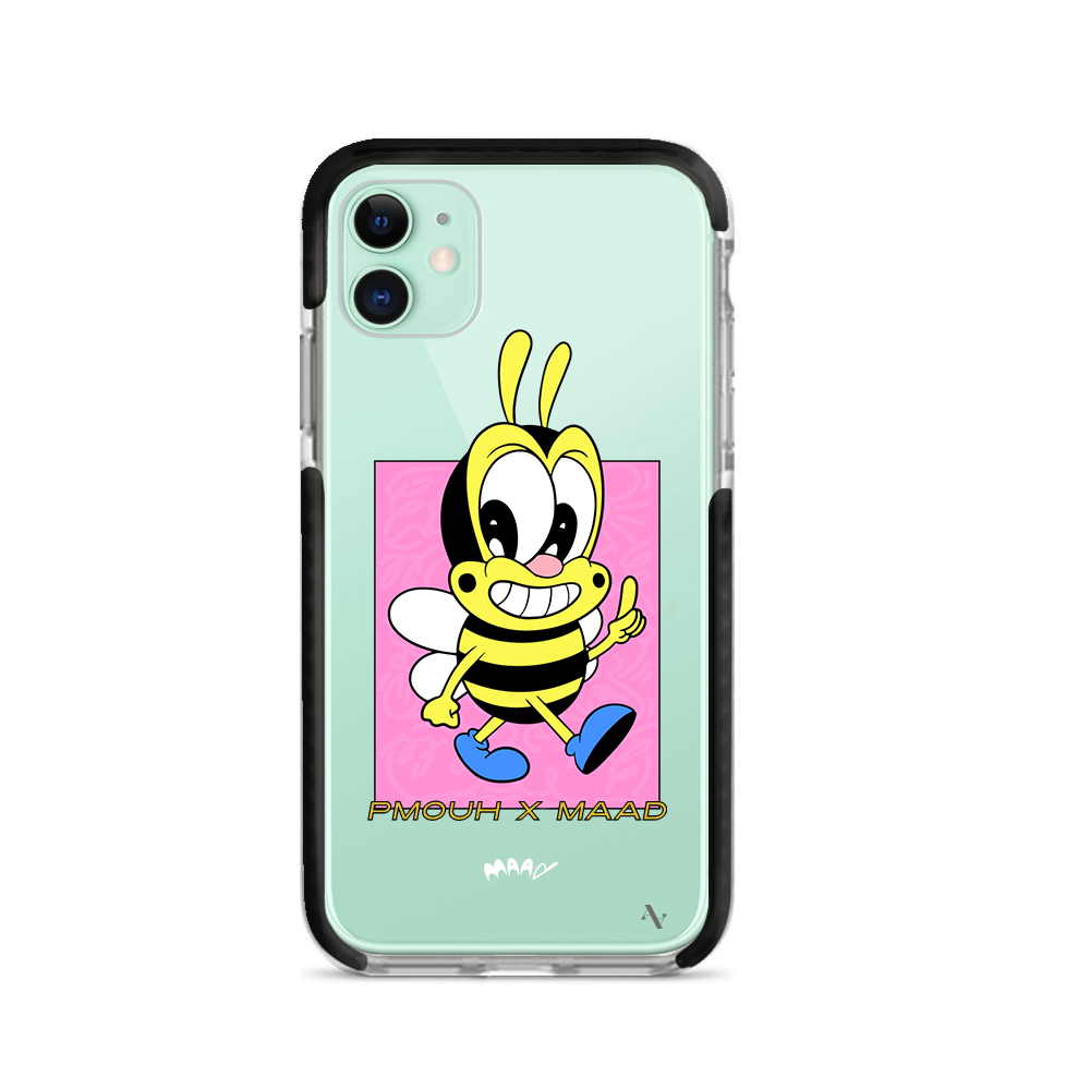 PMouh x MAAD iPhone 11 Clear Case featuring colorful anthropomorphic characters in a slim design.