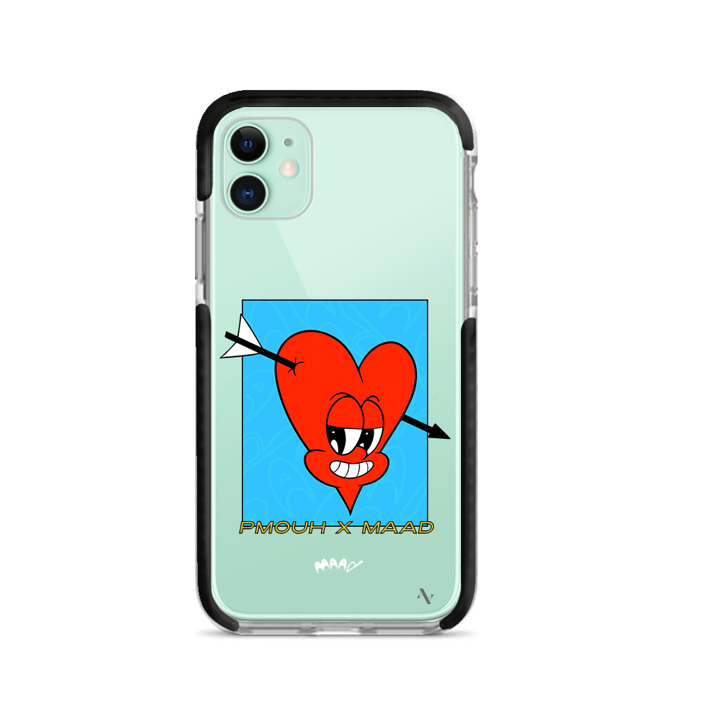 PMouh x MAAD iPhone 11 Clear Case featuring colorful anthropomorphic characters in a slim design.