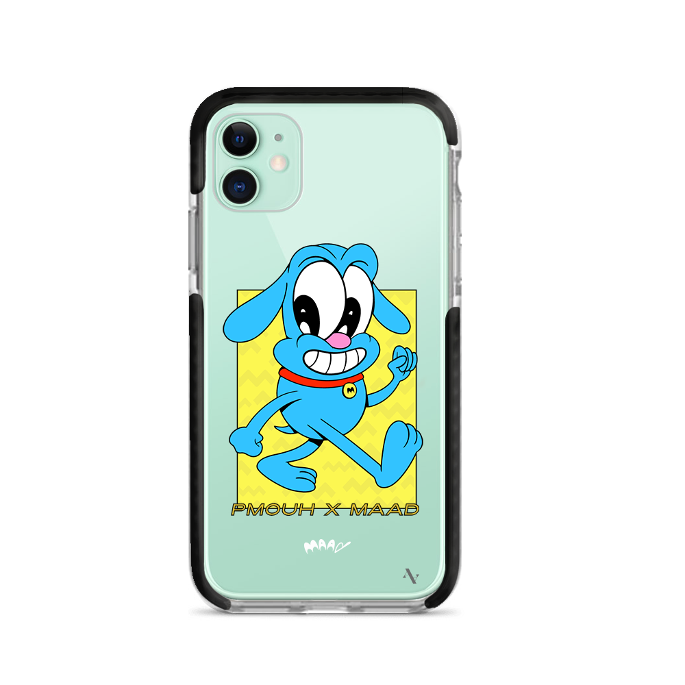 PMouh x MAAD iPhone 11 Clear Case featuring colorful anthropomorphic characters in a slim design.