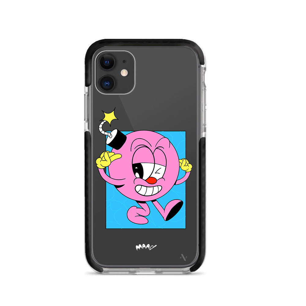 PMouh x MAAD iPhone 11 Clear Case featuring colorful anthropomorphic characters in a slim design.