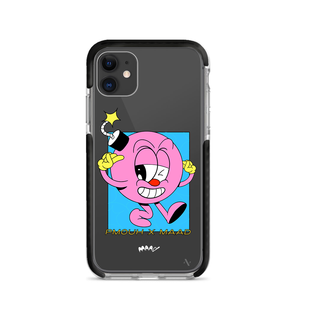 PMouh x MAAD iPhone 11 Clear Case featuring colorful anthropomorphic characters in a slim design.