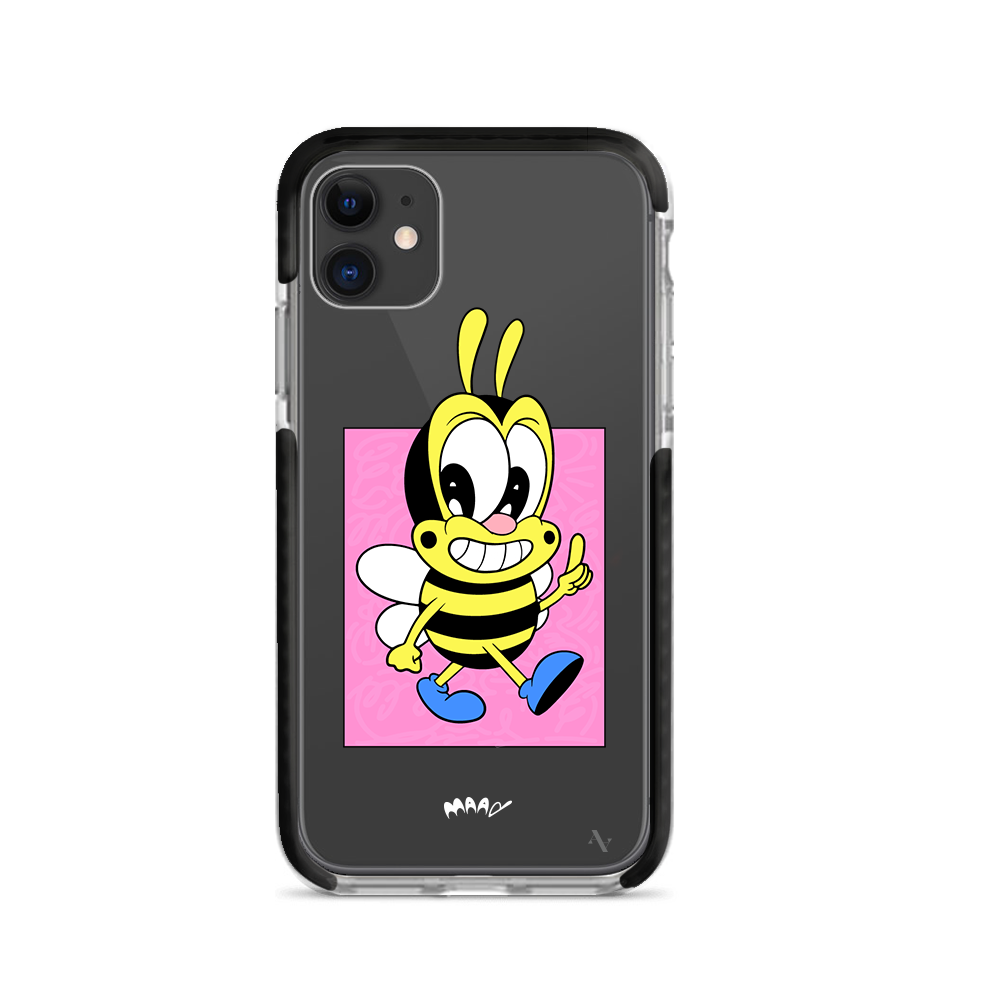 PMouh x MAAD iPhone 11 Clear Case featuring colorful anthropomorphic characters in a slim design.