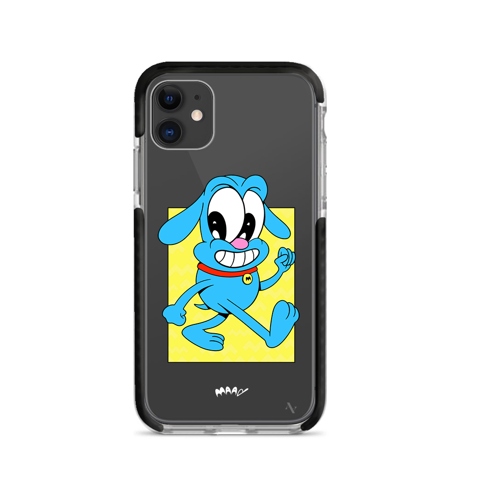 PMouh x MAAD iPhone 11 Clear Case featuring colorful anthropomorphic characters in a slim design.