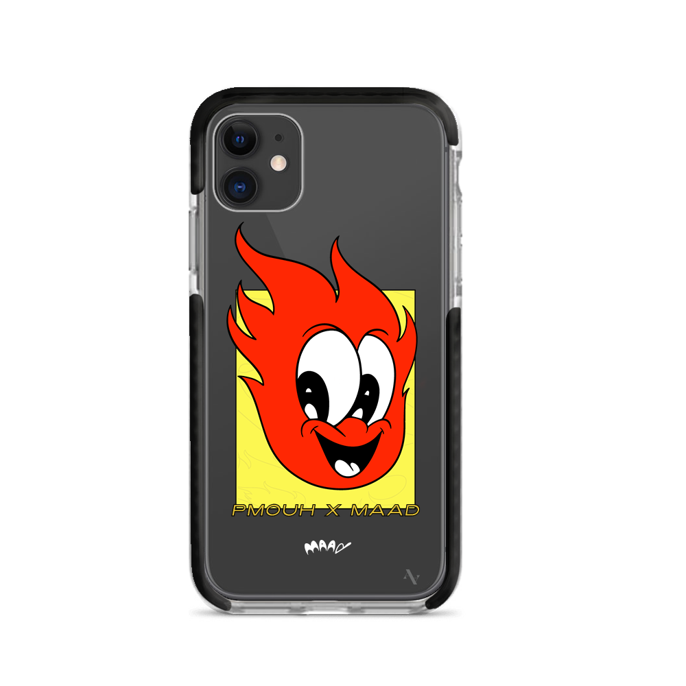 PMouh x MAAD iPhone 11 Clear Case featuring colorful anthropomorphic characters in a slim design.