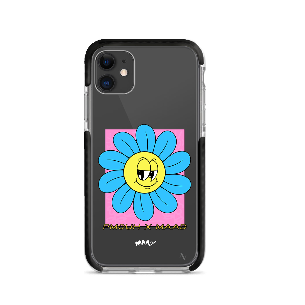 PMouh x MAAD iPhone 11 Clear Case featuring colorful anthropomorphic characters in a slim design.