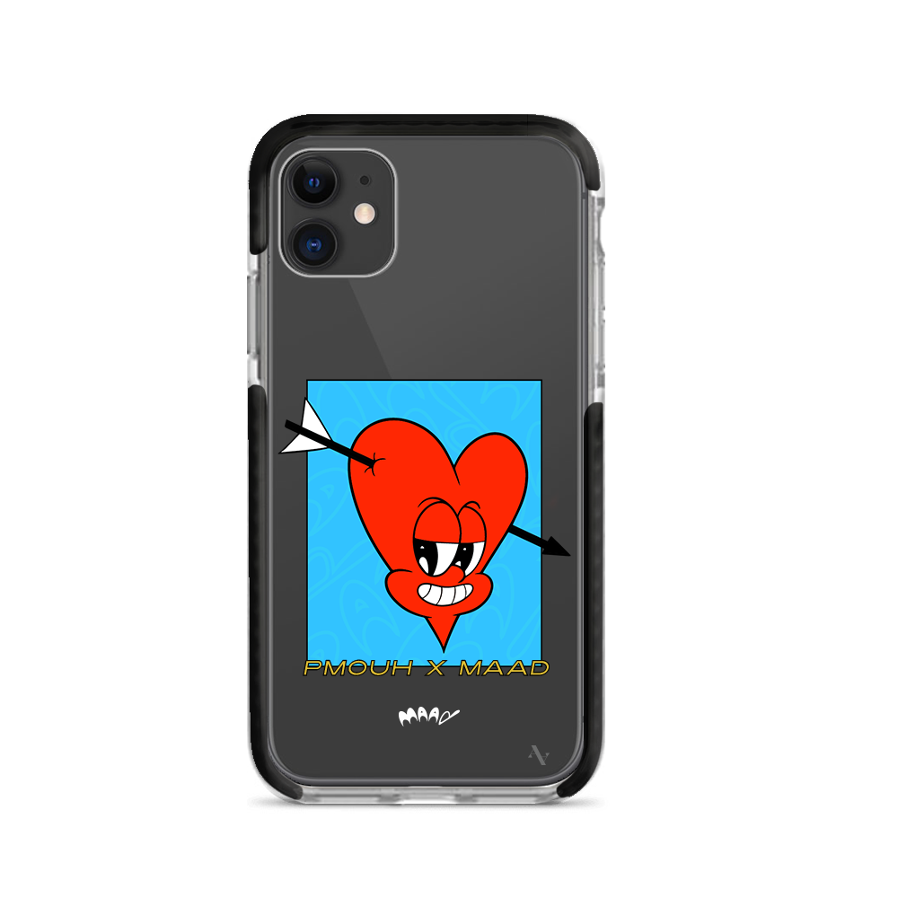 PMouh x MAAD iPhone 11 Clear Case featuring colorful anthropomorphic characters in a slim design.