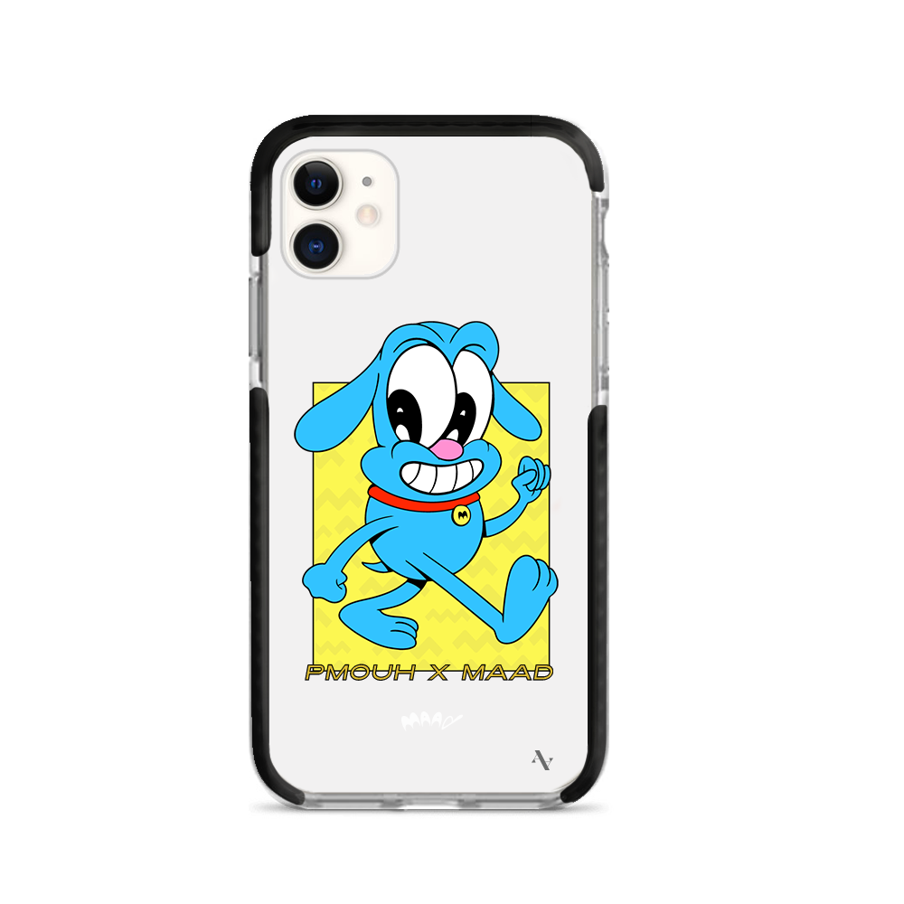 PMouh x MAAD iPhone 11 Clear Case featuring colorful anthropomorphic characters in a slim design.