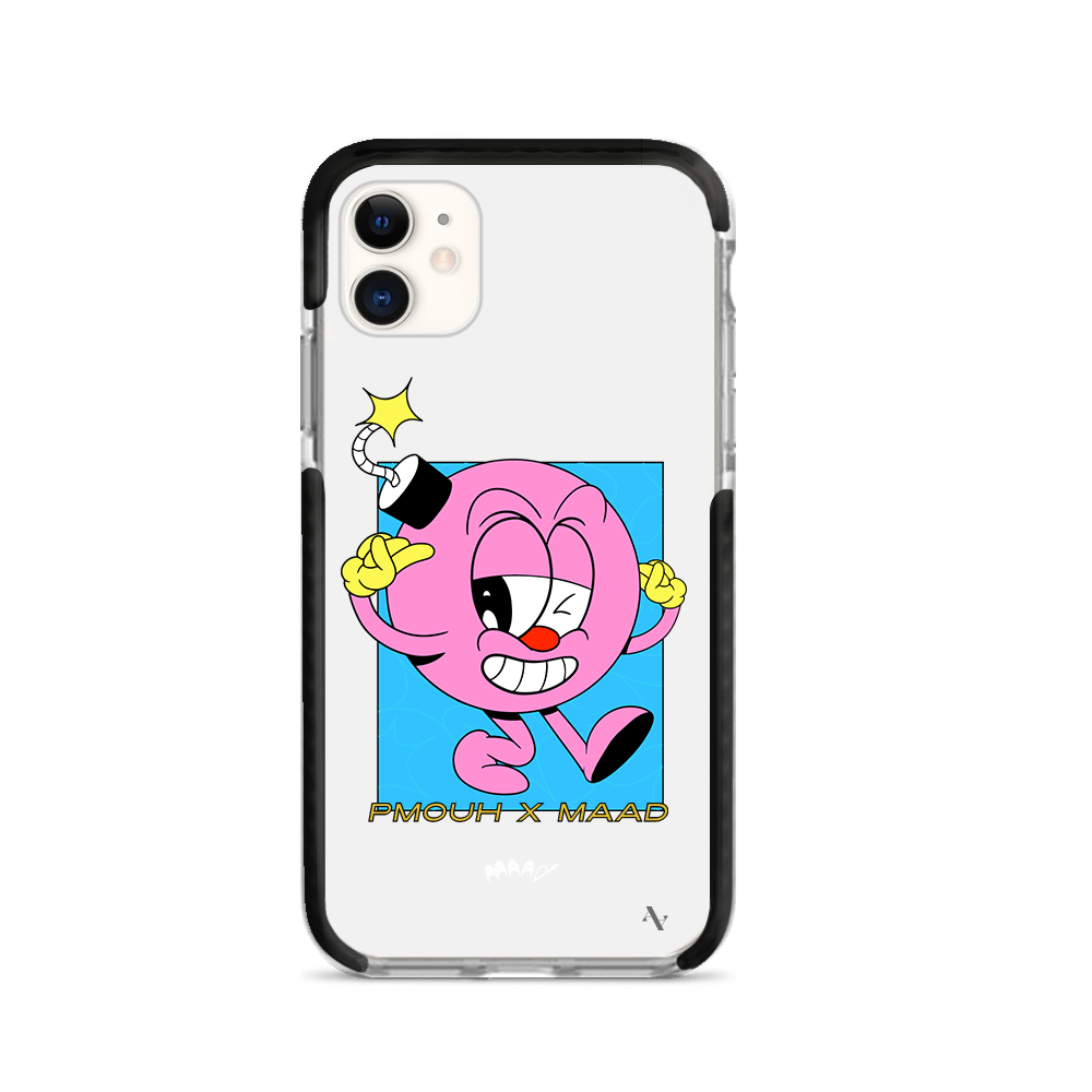 PMouh x MAAD iPhone 11 Clear Case featuring colorful anthropomorphic characters in a slim design.