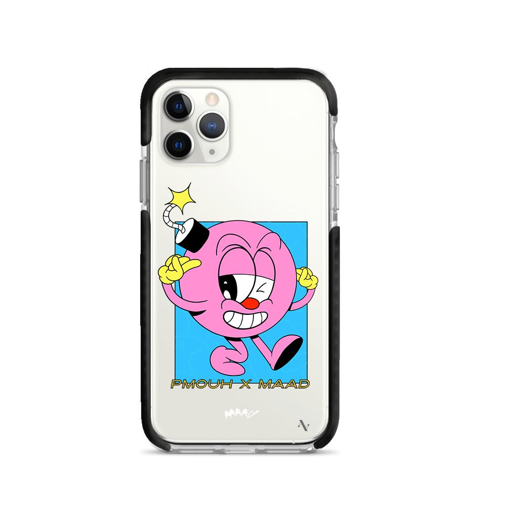 PMouh x MAAD iPhone 11 Pro Clear Case featuring unique characters and a slim design for protection.