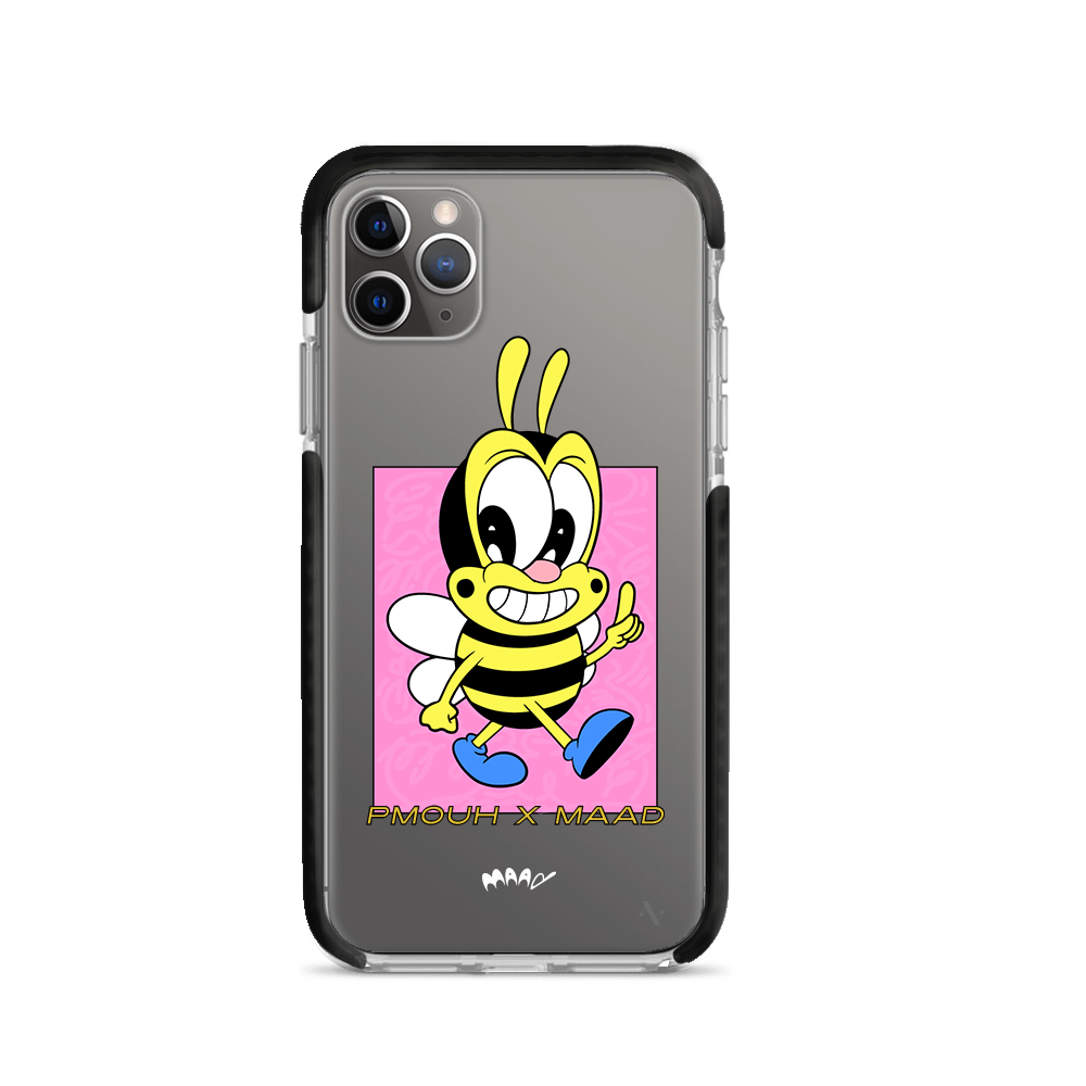 PMouh x MAAD Clear Case for iPhone 11 Pro Max featuring vibrant characters and a slim design for protection.