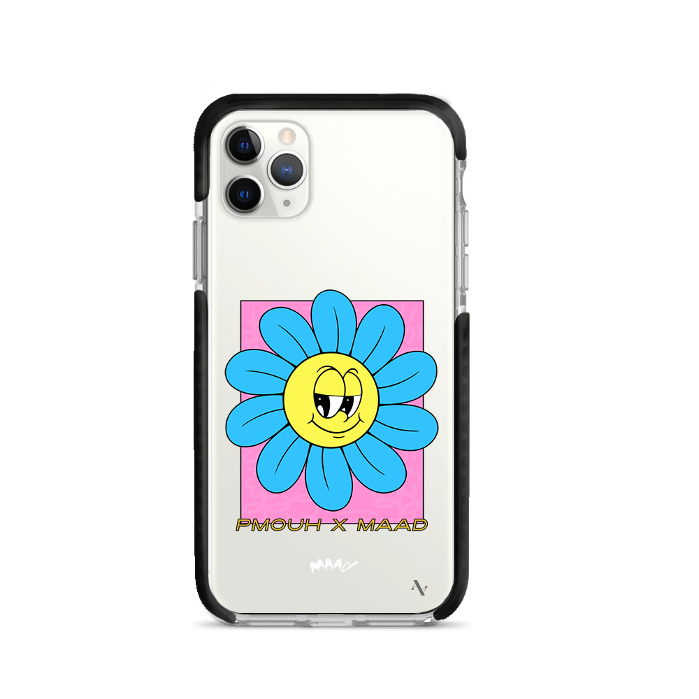 PMouh x MAAD Clear Case for iPhone 11 Pro Max featuring vibrant characters and a slim design for protection.