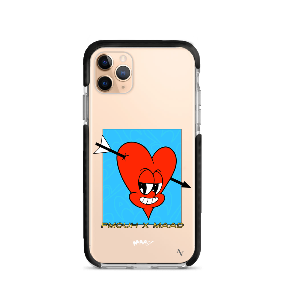 PMouh x MAAD Clear Case for iPhone 11 Pro Max featuring vibrant characters and a slim design for protection.