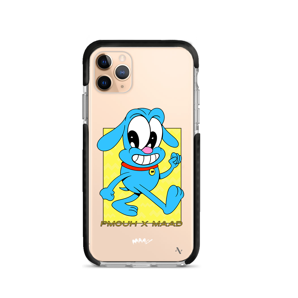 PMouh x MAAD Clear Case for iPhone 11 Pro Max featuring vibrant characters and a slim design for protection.