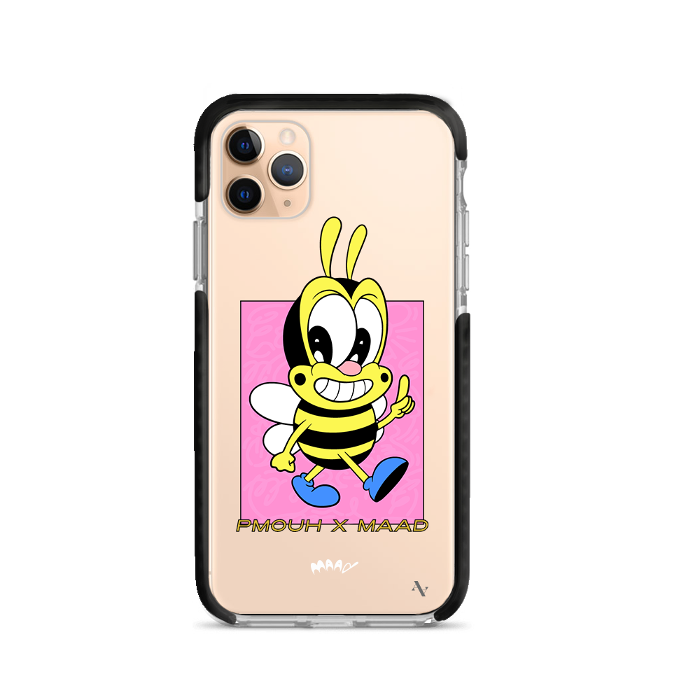 PMouh x MAAD Clear Case for iPhone 11 Pro Max featuring vibrant characters and a slim design for protection.