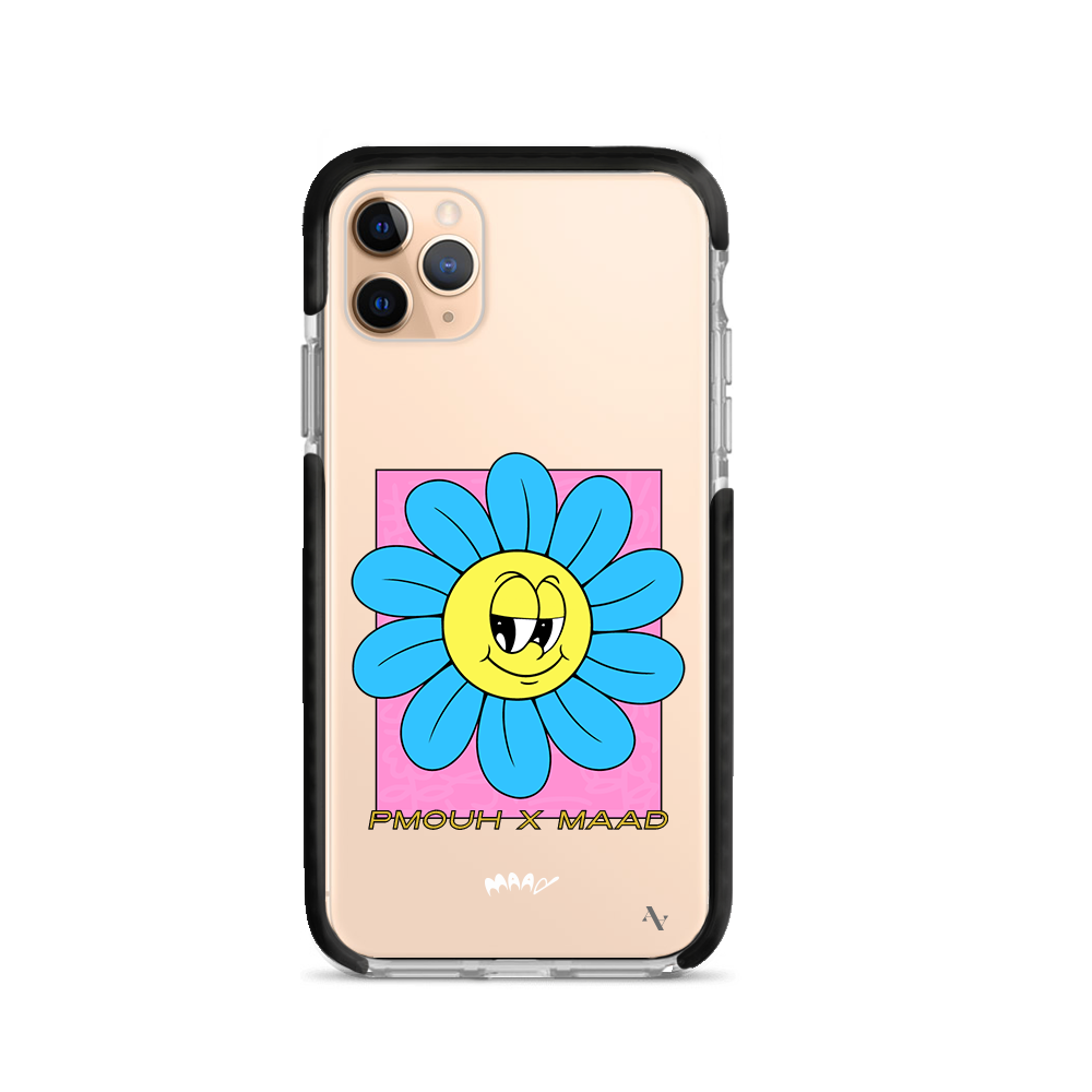 PMouh x MAAD Clear Case for iPhone 11 Pro Max featuring vibrant characters and a slim design for protection.